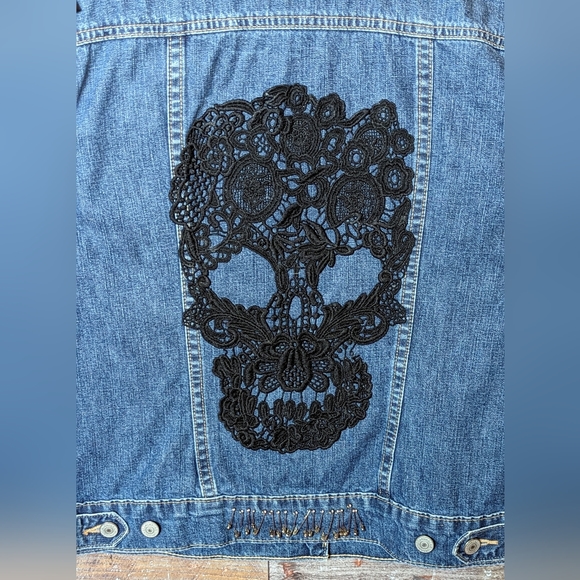 Upcycled Handcrafted Ton Of Detailed Bling Jean Jacket With Black Skull - Picture 16 of 16